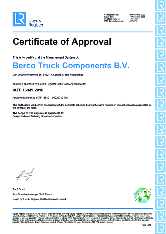 Berco - IATF 16949 Certificate Automotive Quality Performance